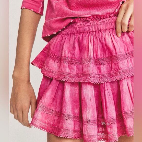LoveShackFancy Hot Pink Tie Dye Ruffle Mini Skirt, Size Large - Picture 3 of 9